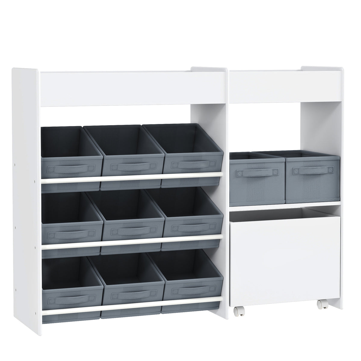 Children's storage shelf, toy organizer for kids with 11 fabric bins, top compartments, white