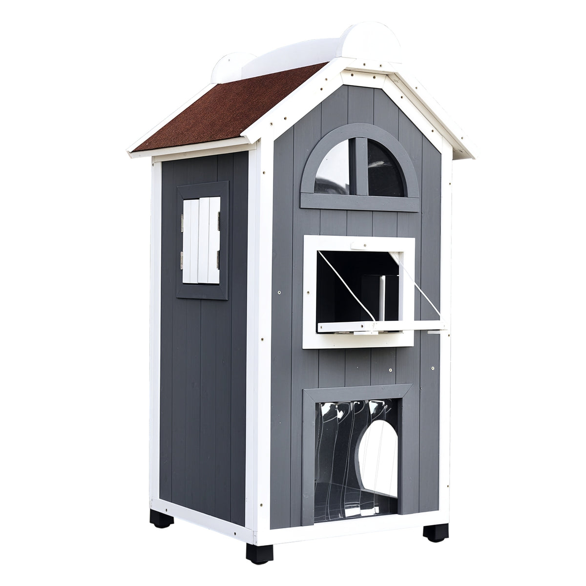Outdoor cat house, 2-story fir wood cat house, weatherproof cat shelter with asphalt roof, for 1-2 cats up to 5
