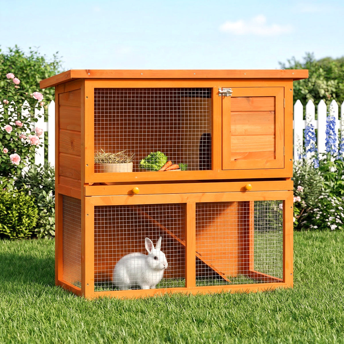 Small animal hutch 2 levels weatherproof fir wood natural + green (2)