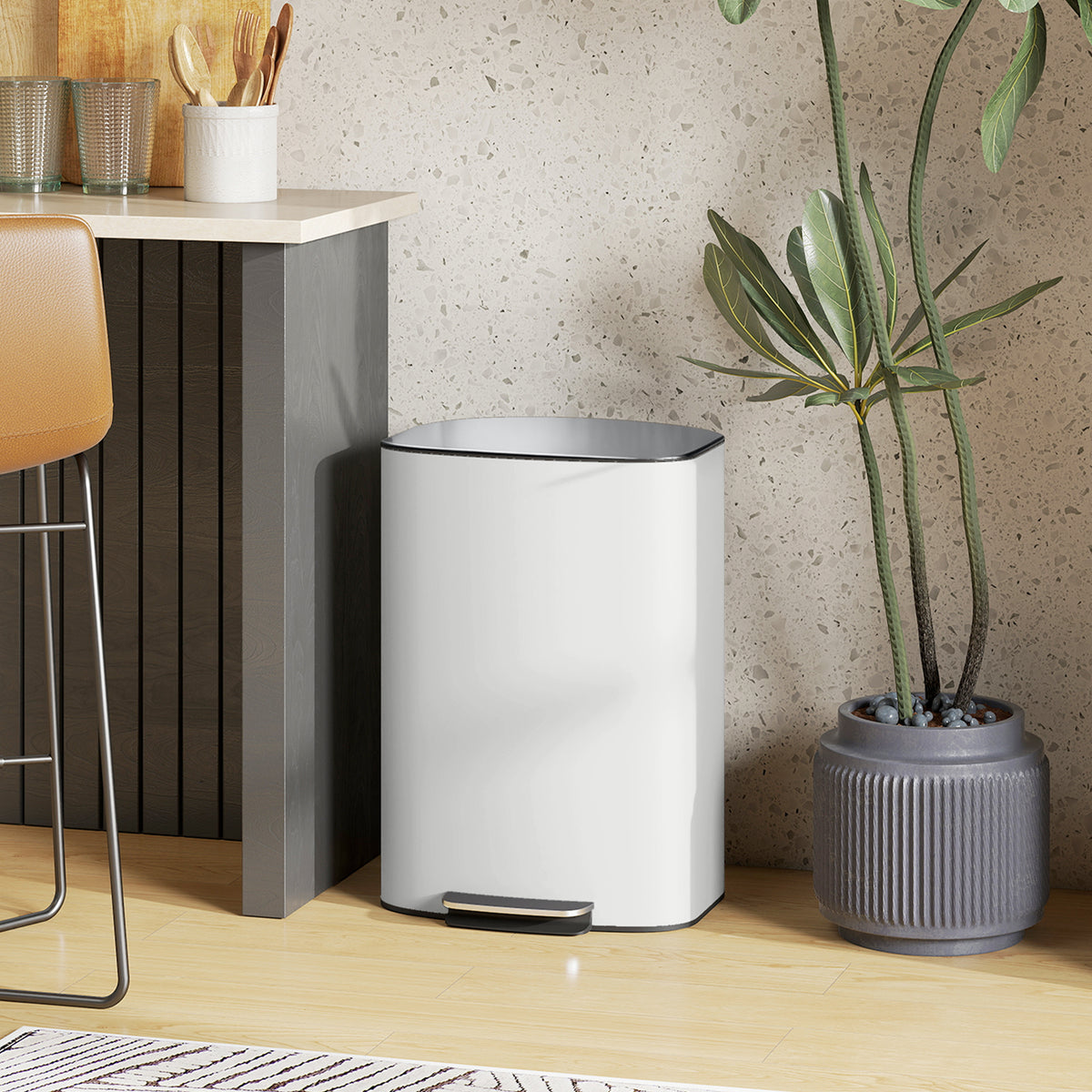 50-Liter Kitchen Trash Can, Pedal Bin with Stay-Open Function, Soft-Close Lid, Pedal, Cream White (2)
