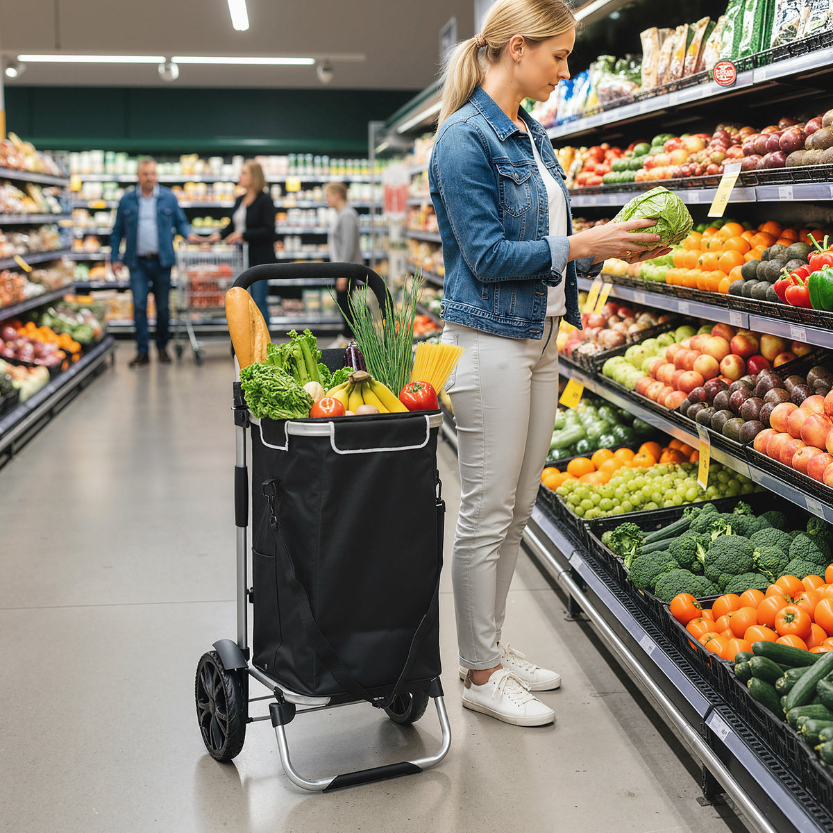 3-in-1 foldable shopping trolley with 40L capacity, loadable up to 25kg, with cooler compartment, black (2)