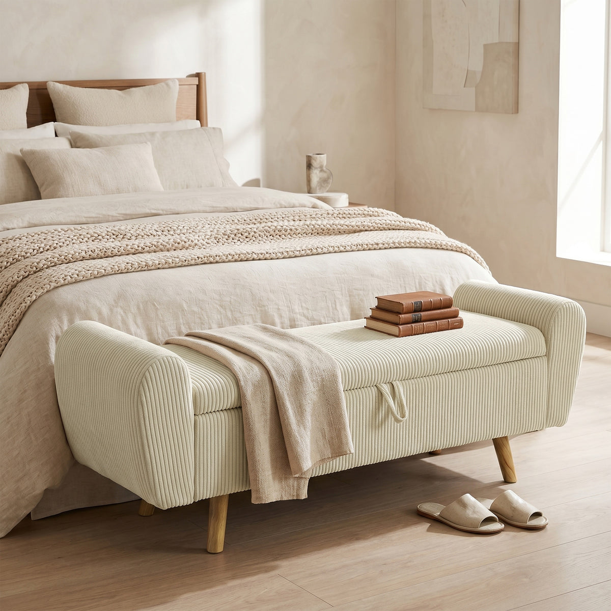 Storage bench, upholstered bench with corduroy look, wooden legs and rolled arms, beige (2)