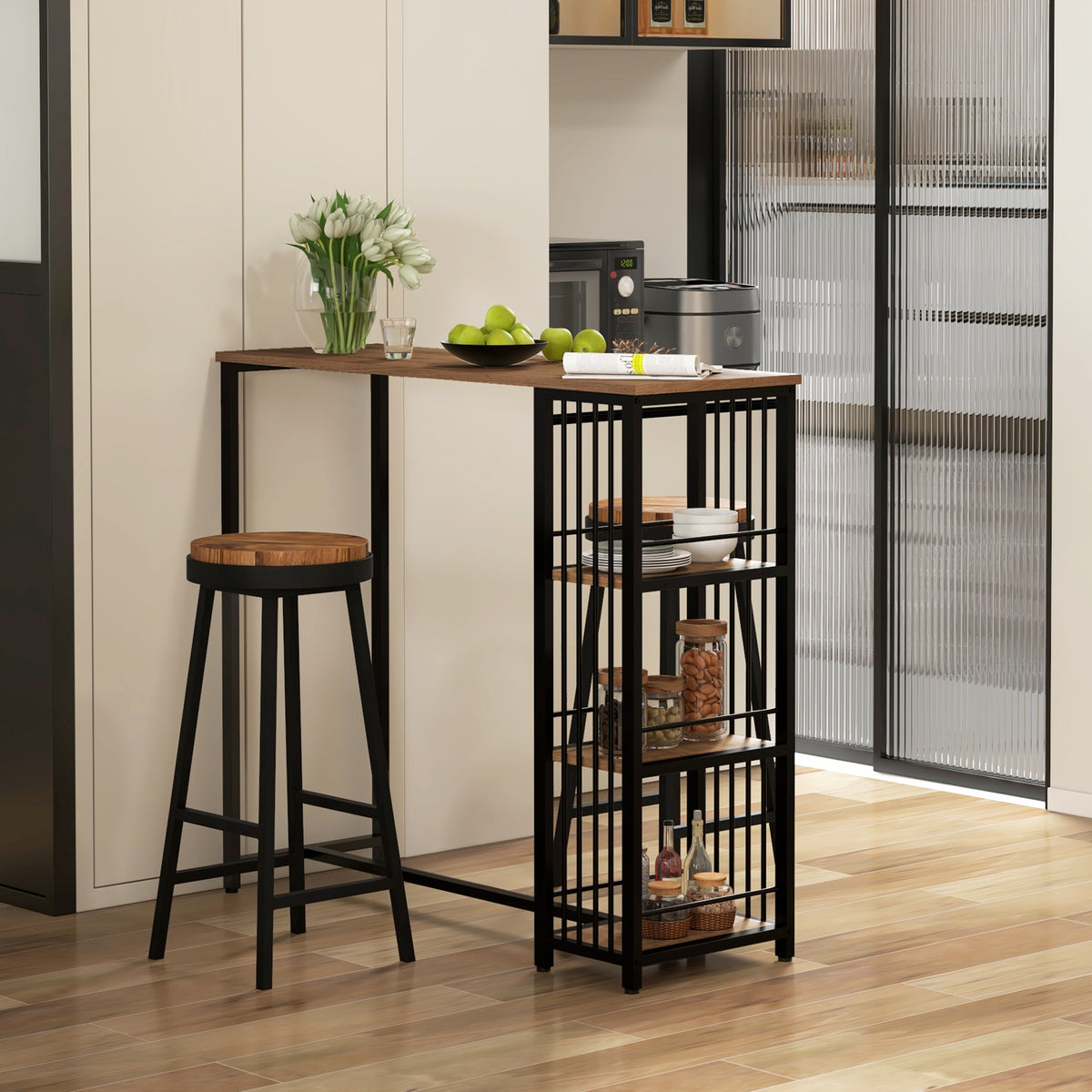 Bar table, high table, kitchen counter, industrial design, 3 shelves, 120 x 40 x 105 cm; black + brown (2)