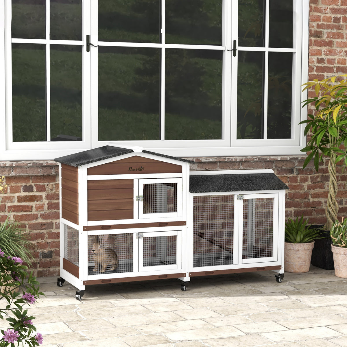 Small animal hutch with wheels, dwarf rabbit hutch, outdoor enclosure, asphalt roof, small animal house, dwarf (2)