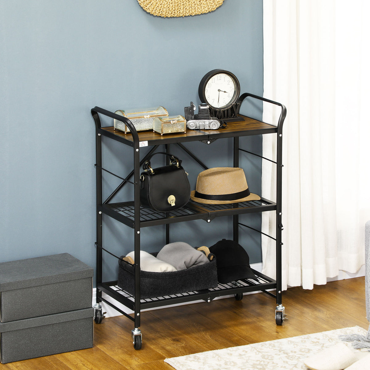 Industrial design kitchen trolley, 3 shelves, multipurpose cart, serving trolley, 4 wheels, foldable, brown + (2)