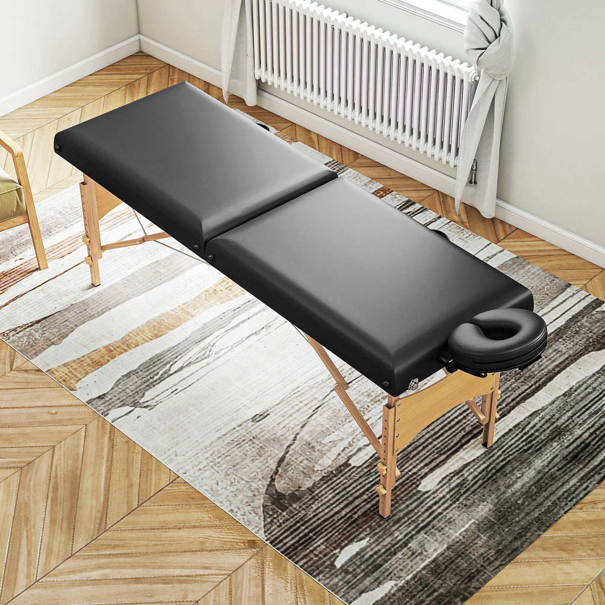 Height-adjustable massage table, wooden frame, foldable massage bed, foam padding, black (8)