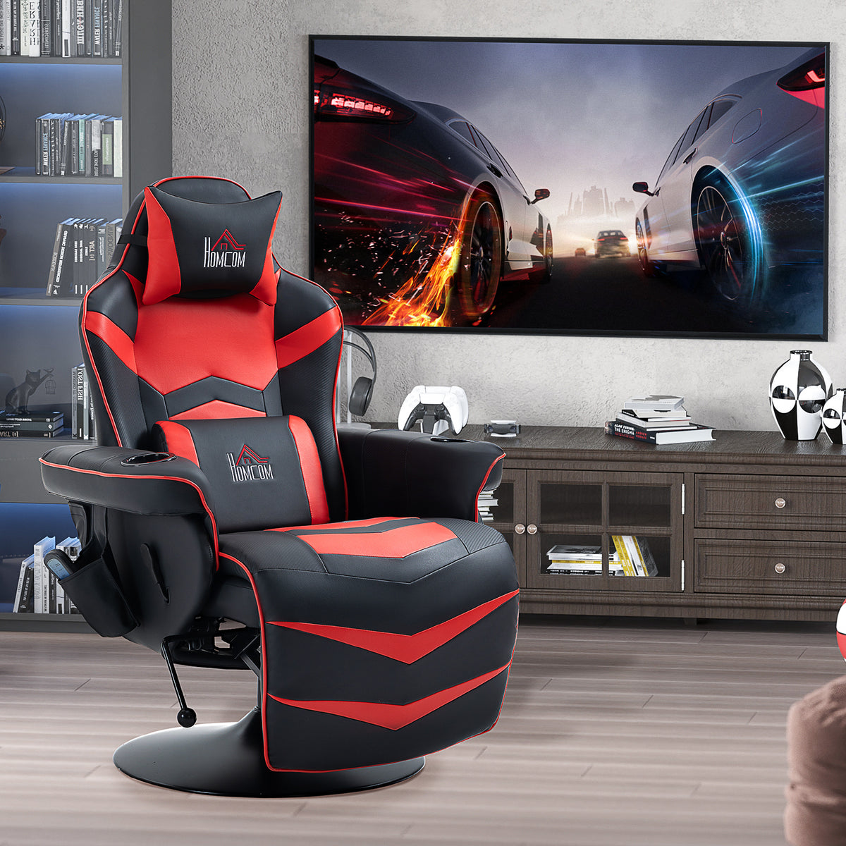 Gaming chair, massage function, tiltable backrest, footrest, up to 120 kg, steel frame, faux leather, red (2)