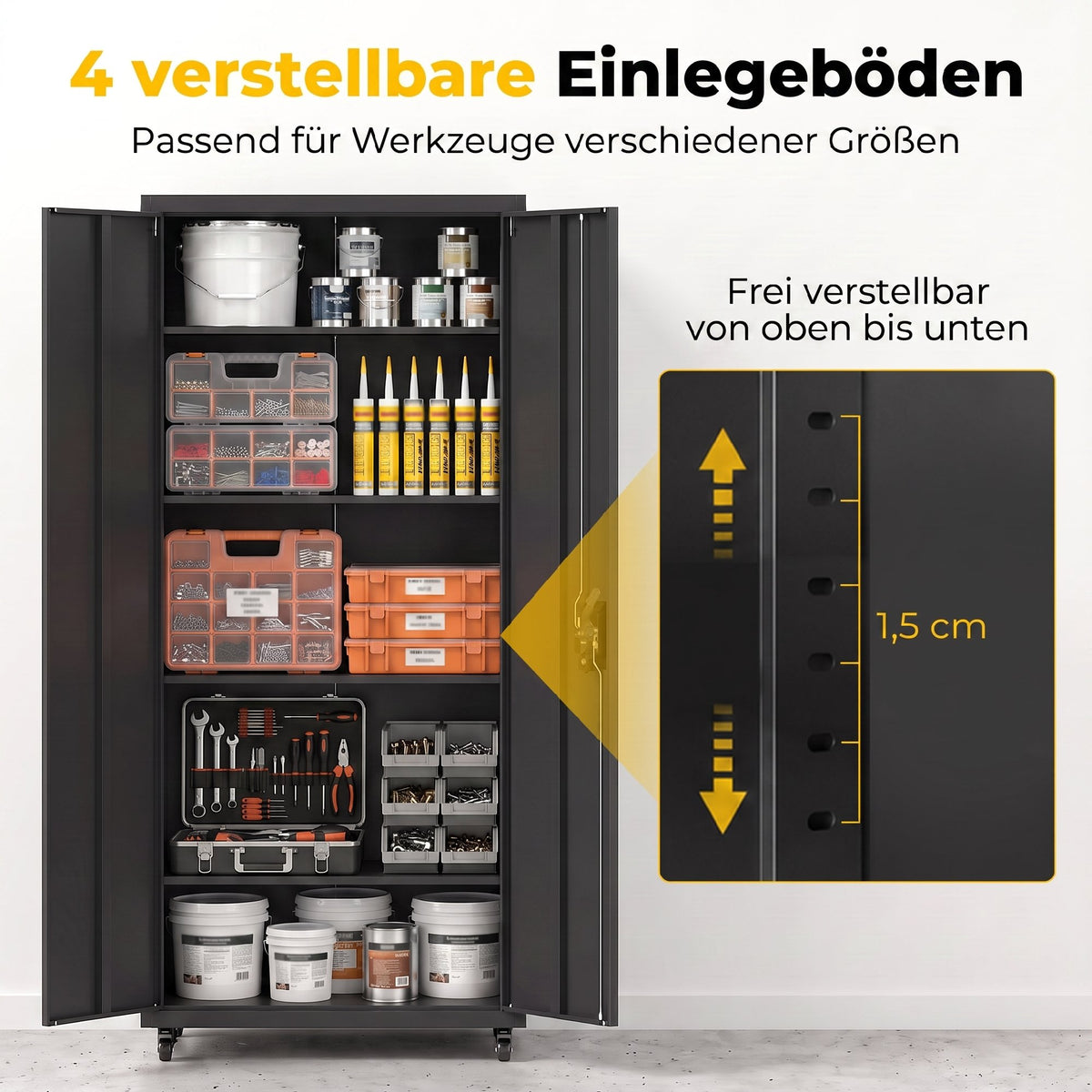 Filing cabinet, lockable metal cabinet with wheels, adjustable shelves, made of steel, 80 x 40 x 180 cm black (6)