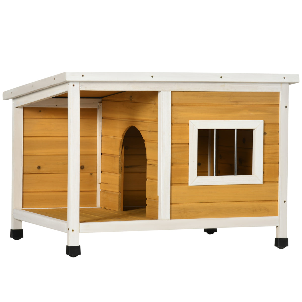 Dog house with porch, hinged roof, window, adjustable feet, natural wood, orange, 85.5 x 62 x 60 cm