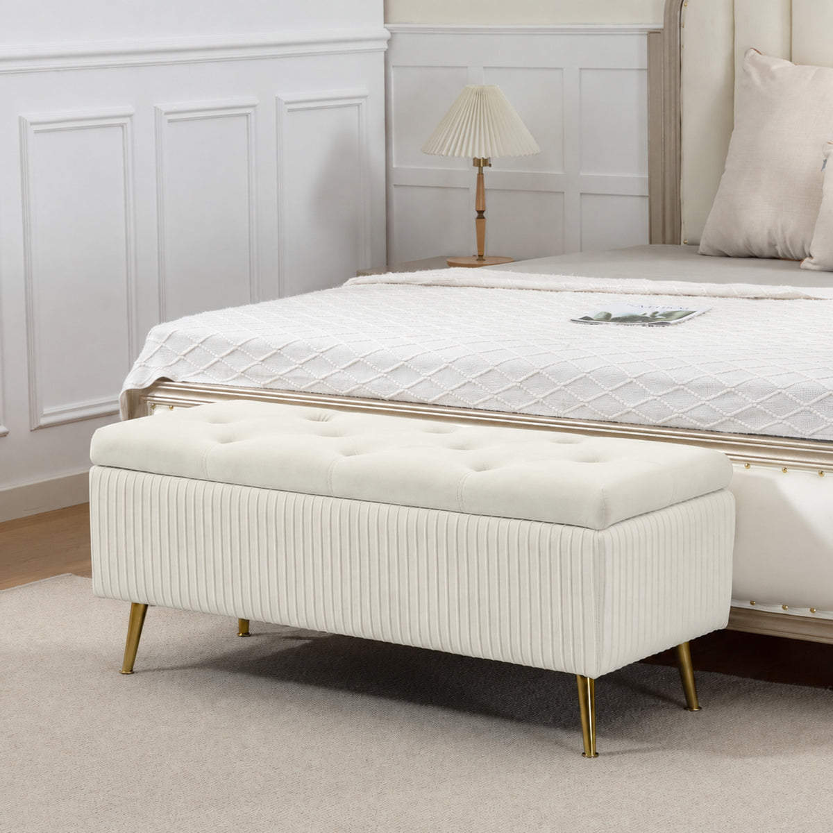 Bench with storage, upholstered bench with velvet look, golden steel legs, bed bench for living room (2)