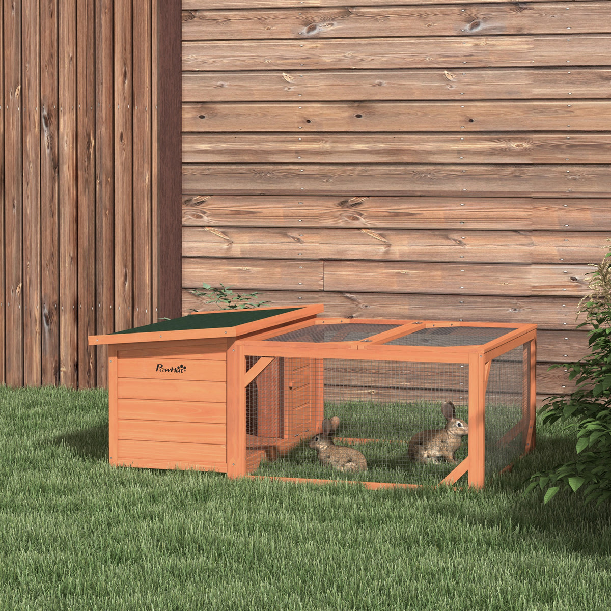 Small animal hutch with outdoor run, removable floor tray, weather-resistant, 125.5 cm x 100 cm x 49 cm, green + (2)