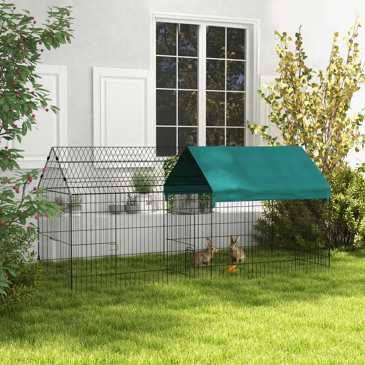 Small animal enclosure with roof, 4 doors, weatherproof, steel/polyester, 220x85x103cm, green/black (2)