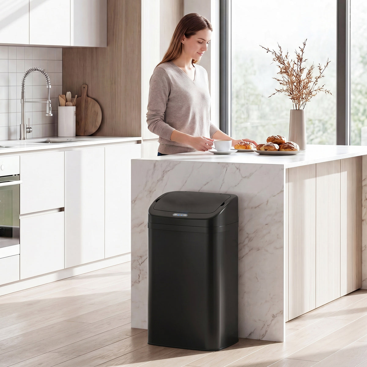 48 L sensor trash can for kitchen or office, automatic closing function, stainless steel, black (2)