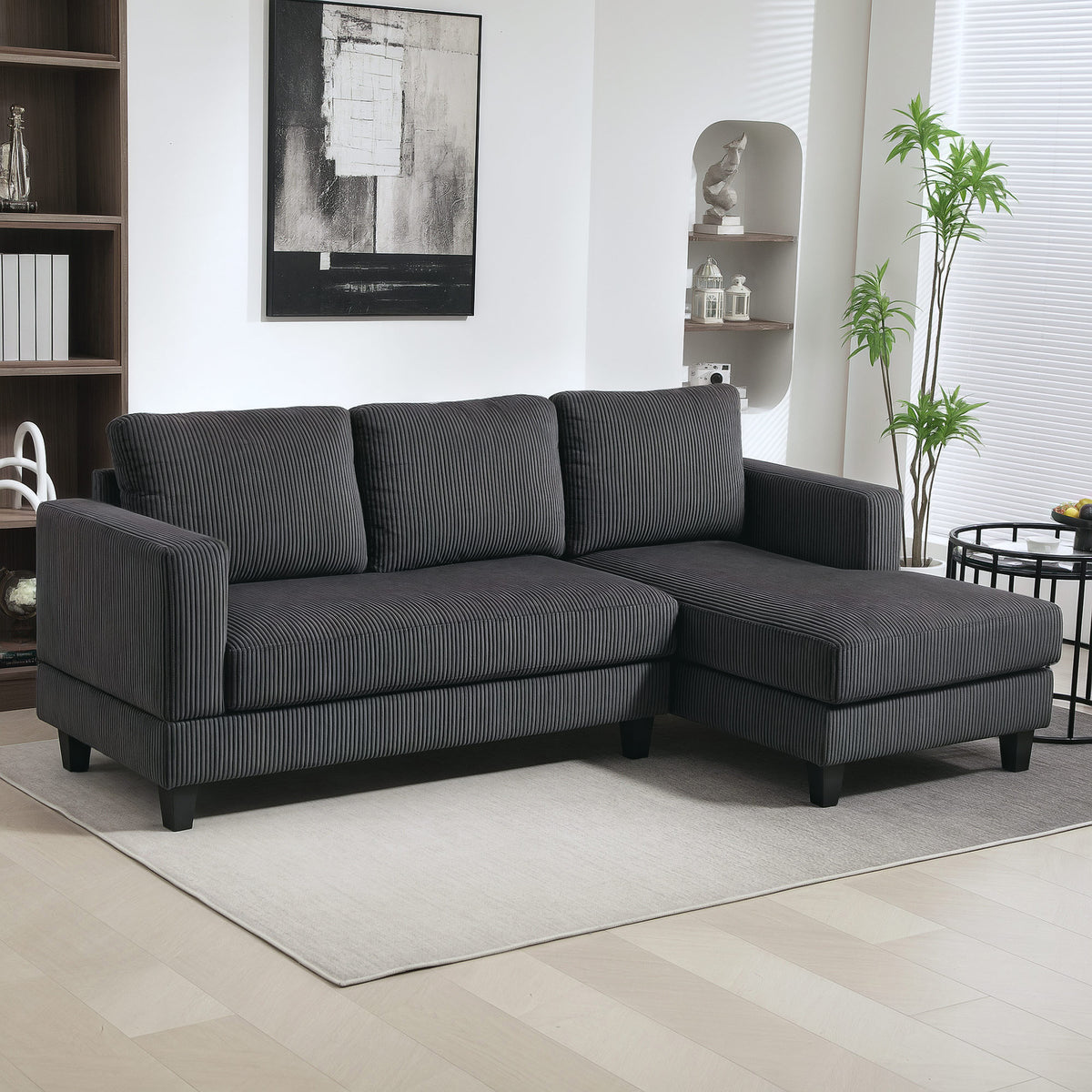 Corner sofa, L-shaped 3-seater sofa with chaise longue, wooden frame, 8 legs, corduroy fabric, foam padding (2)