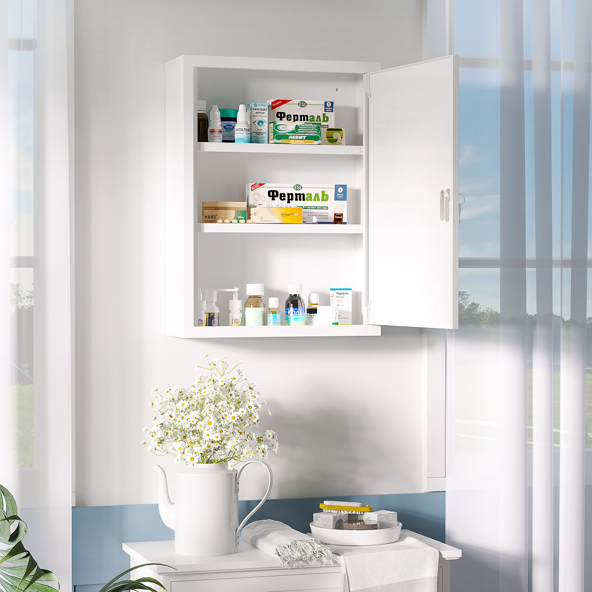 Medicine cabinet, 3 shelves, lockable door, sturdy steel housing, white, 40 x 15 x 53.5 cm (2)