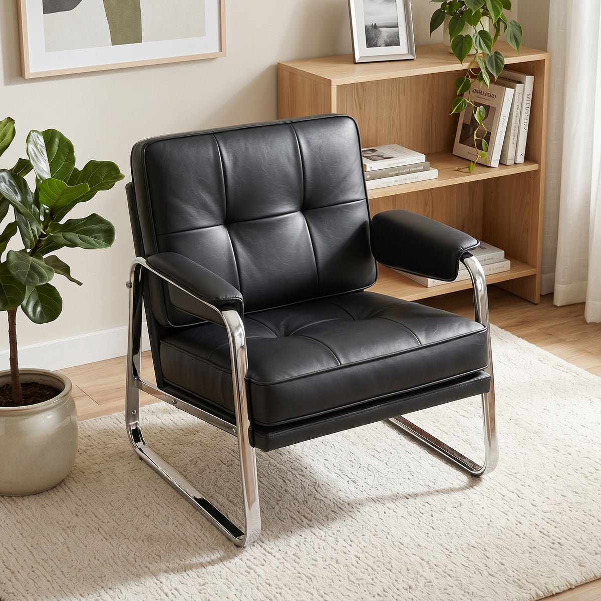 Armchair lounge chair with wide seat, armrests, steel legs, made of faux leather for living room, bedroom, black (2)