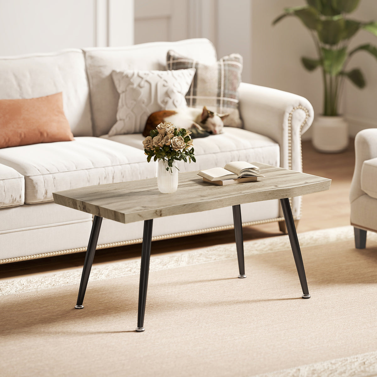 Coffee table side table with steel legs, 4 cm thick tabletop living room table 100 x 50 x 45 cm oak+black (2)