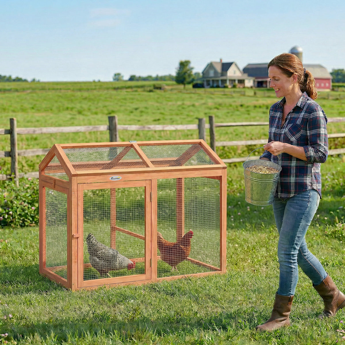Chicken coop with outdoor run, perch, and double doors, made of wood and metal, for 2 chickens, 104 x 70.5 x 84 (2)