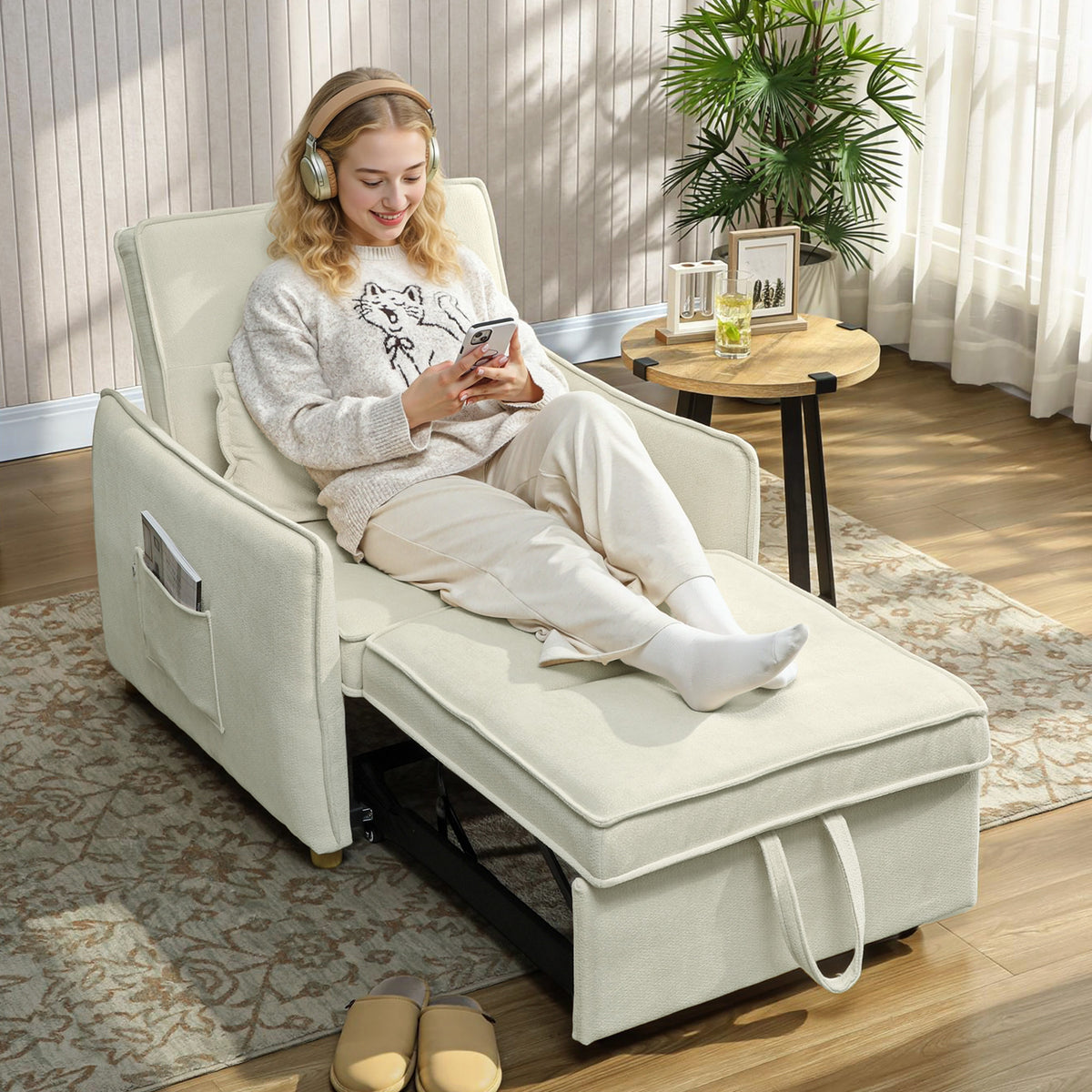 3-in-1 Convertible Sleeper Chair with Bed Function, Lumbar Pillow, for Living Room Cream (2)