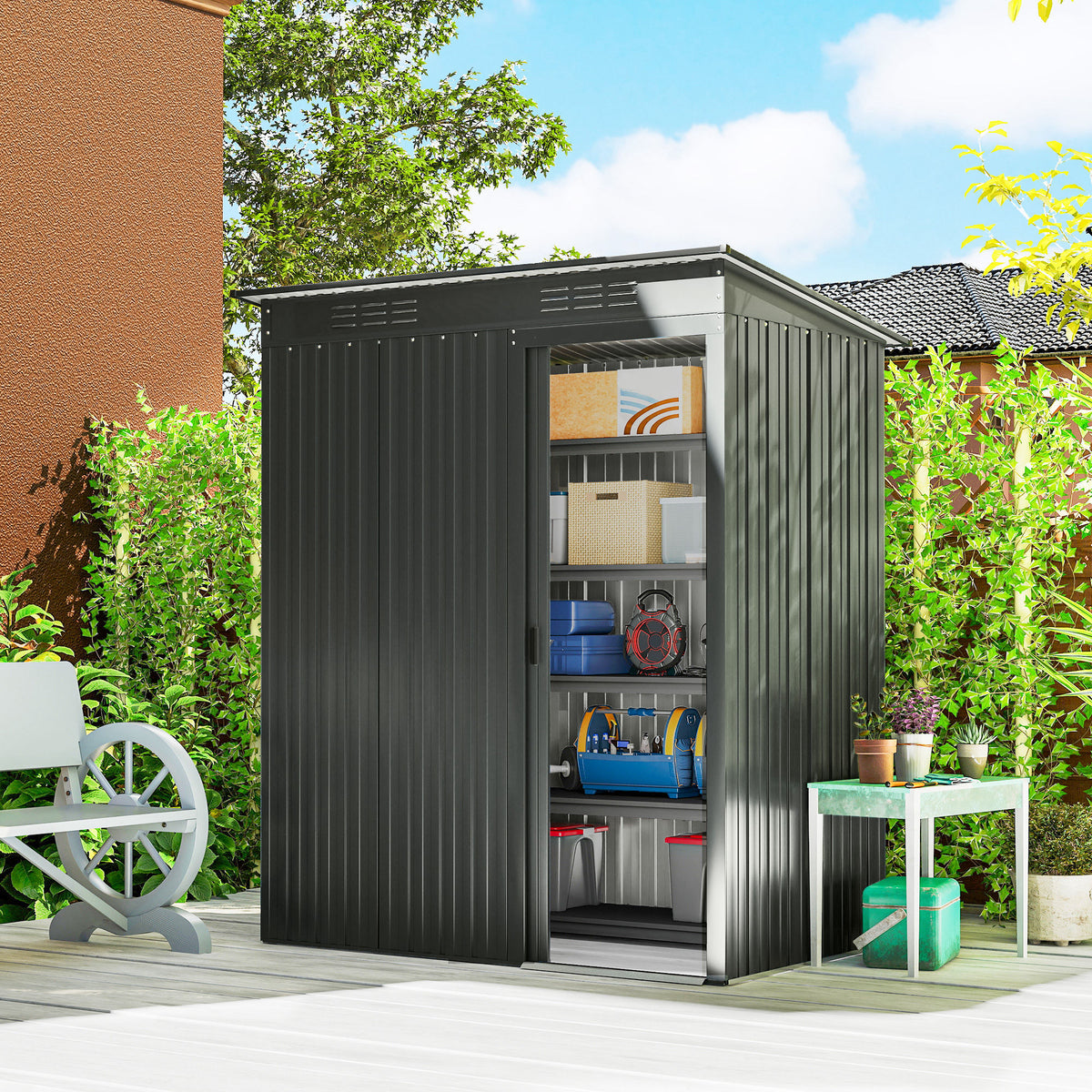 Metal Tool Shed 1.37 m², Garden Shed with Effortless Assembly, Pent Roof, Sliding Door, Vents, Gloves (2)