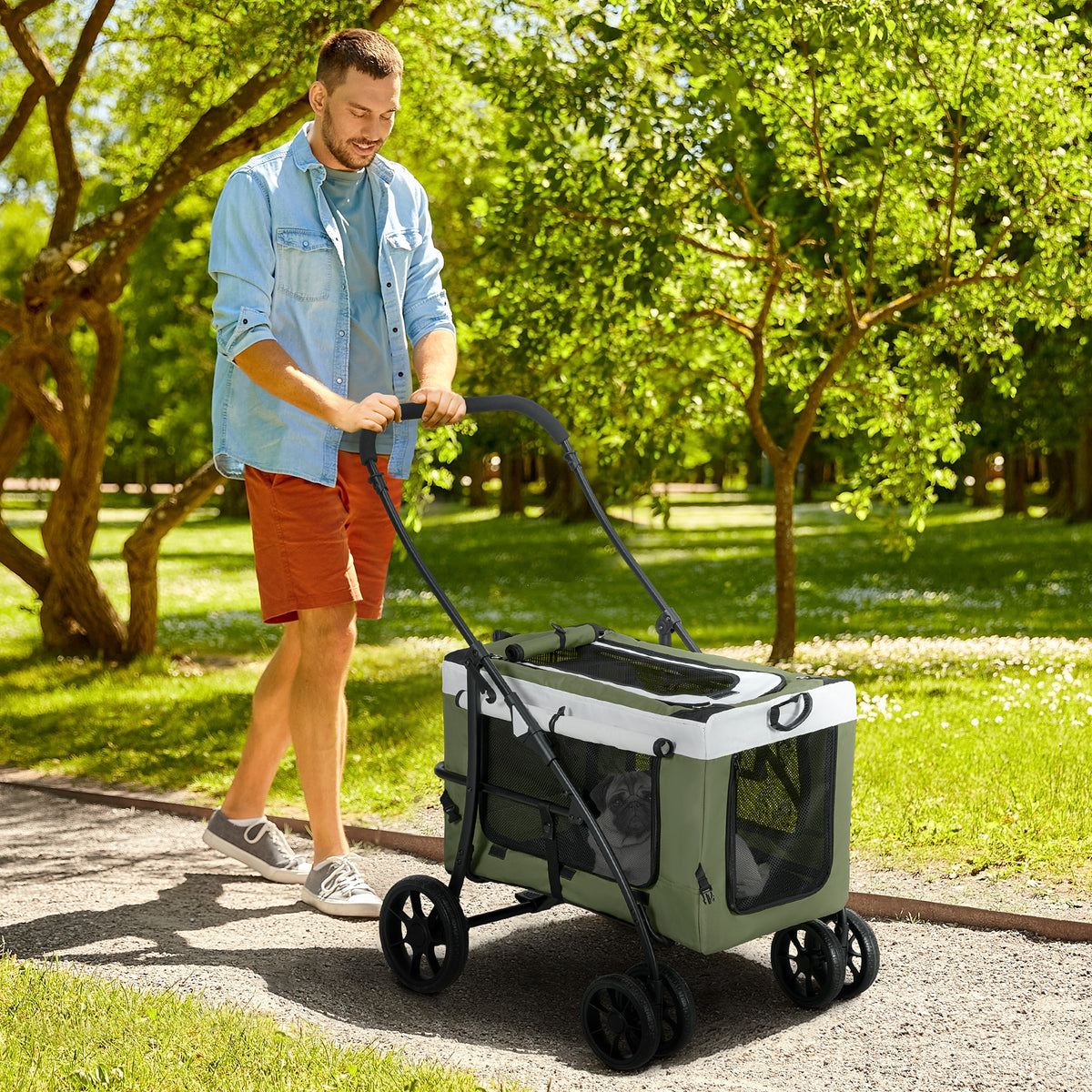 Dog stroller pet buggy dog carriage, foldable, detachable basket, 81 x 58 x 97.5 cm, black+dark green+white (2)