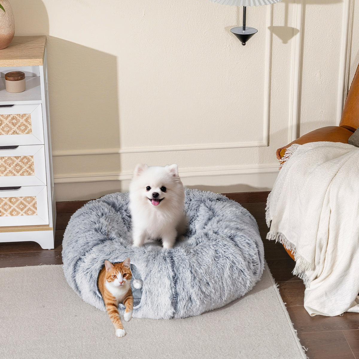 Cat tunnel, plush fabric, cushion, foldable, metal frame, cat cave, light gray (10)