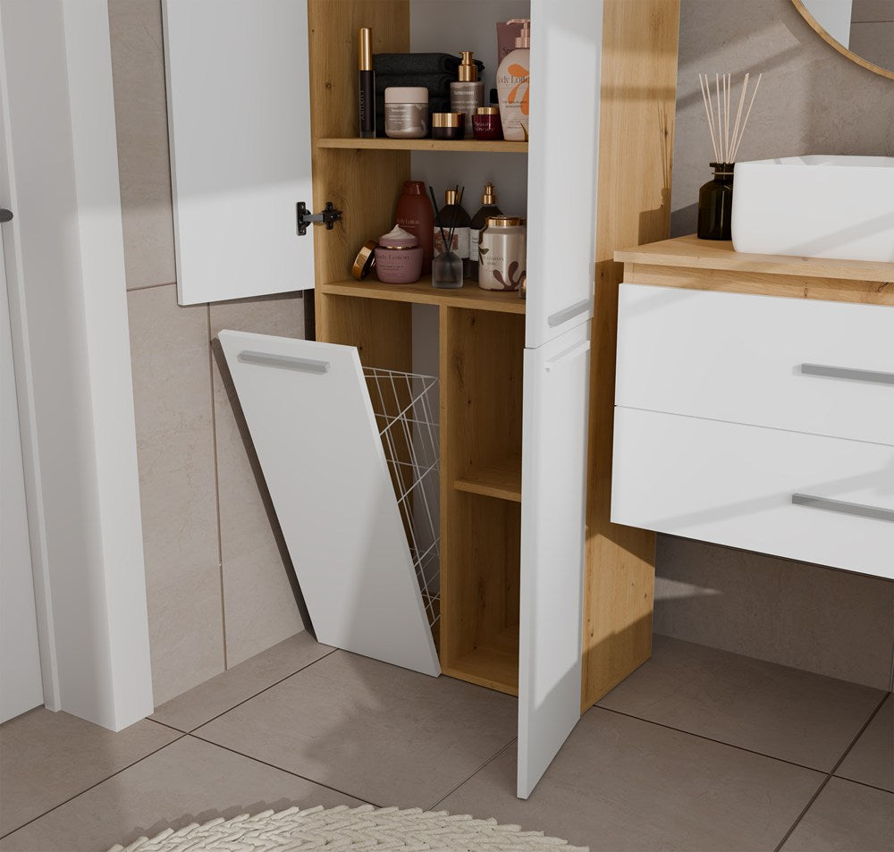 Badezimmerschrank NEL 1K DD Regal Hochschrank mit Wäschekorb EICHE ARTISAN / WEISS – Produktabbildung 2
