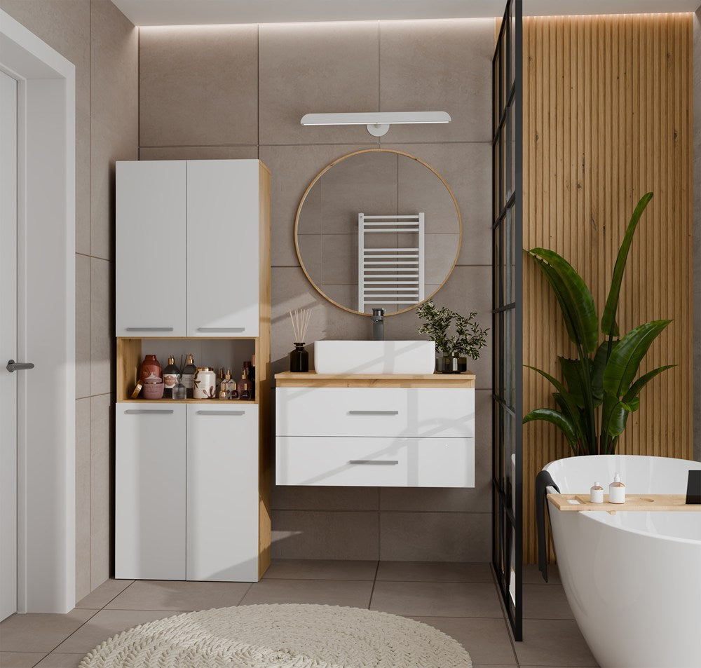 Badezimmerschrank NEL 1K DK Regal Hochschrank mit Wäschekorb EICHE ARTISAN / WEISS – Produktabbildung 2