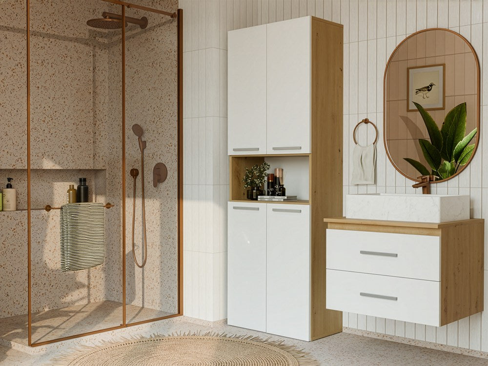 Badezimmerschrank NEL 2K DK Regal Hochschrank 2 Wäschekörbe WEISS EICHE ARTISAN – Produktabbildung 2