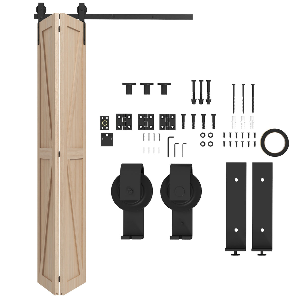 Sliding door hardware kit 122 cm, hardware kit for double sliding doors with J-shaped hangers, pipe clamps