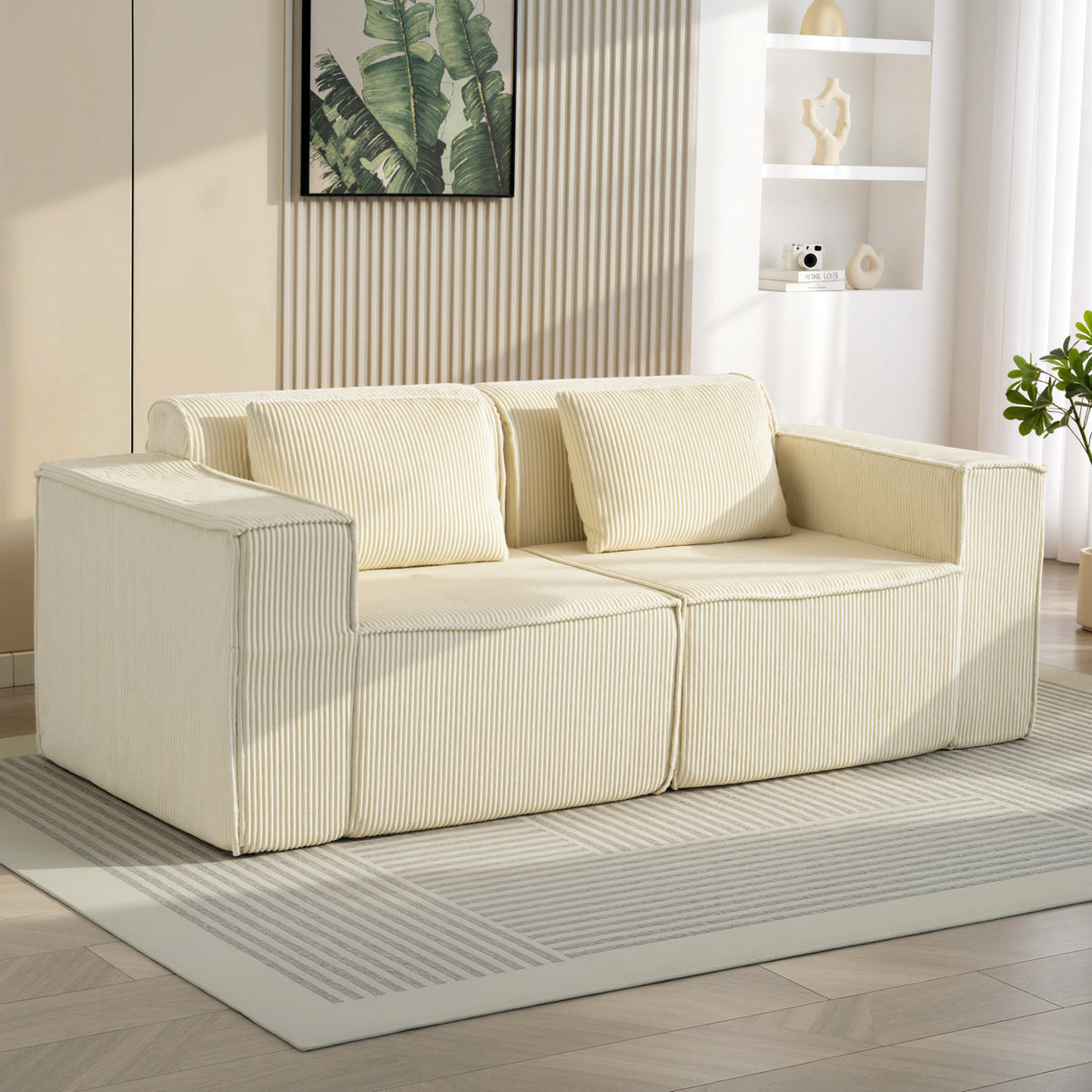 3-seater sofa, soft foam structure, wide armrests, 2 cushions, corduroy cover, beige (2)