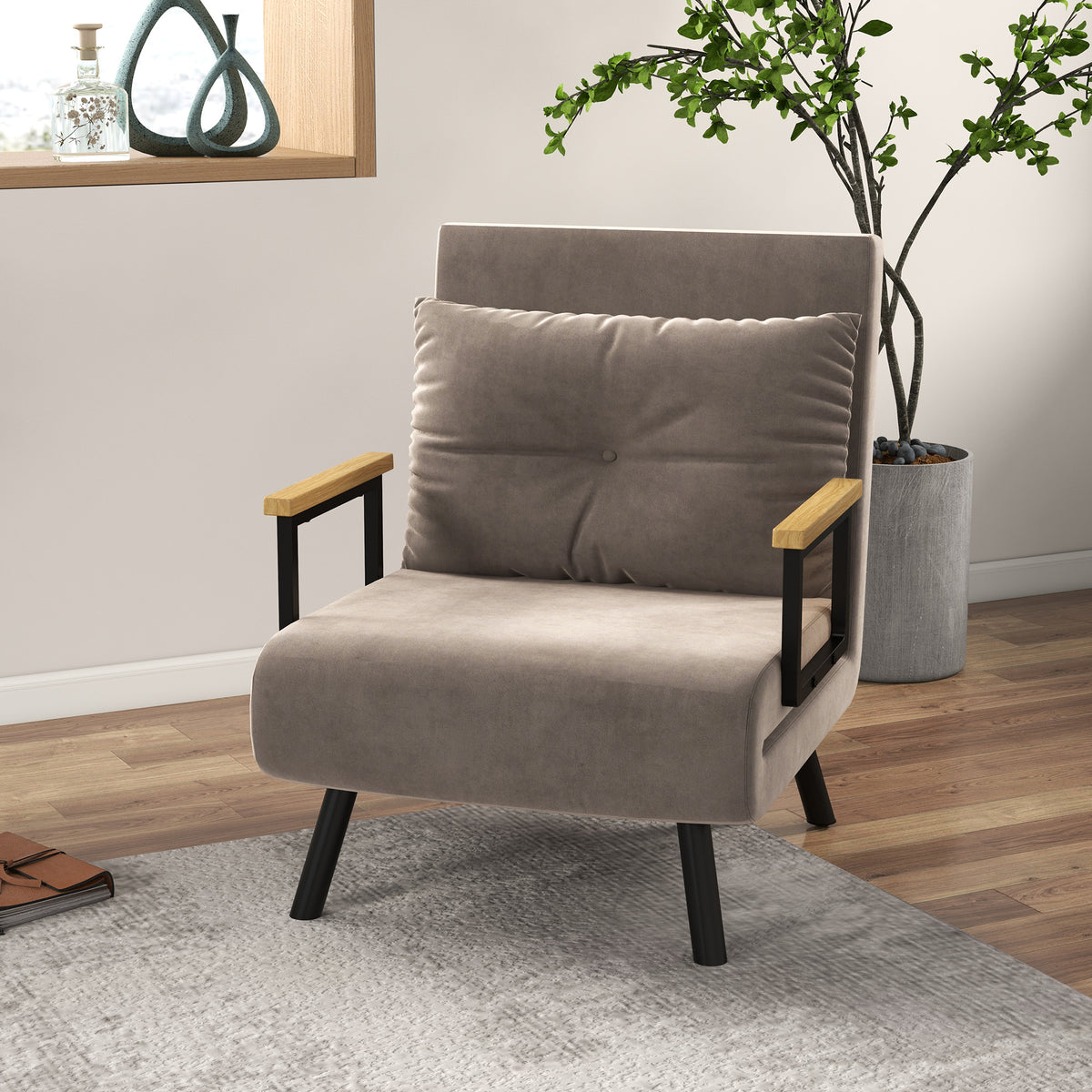 Sleeper chair, guest bed, adjustable backrest, up to 120 kg, steel frame, 63x73x81cm, light brown (2)