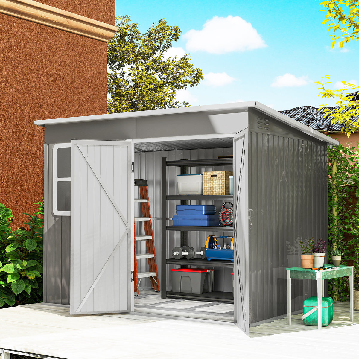 Metal shed for garden tool storage, with window, wide door, 260 x 177 x 190 cm, light grey (2)