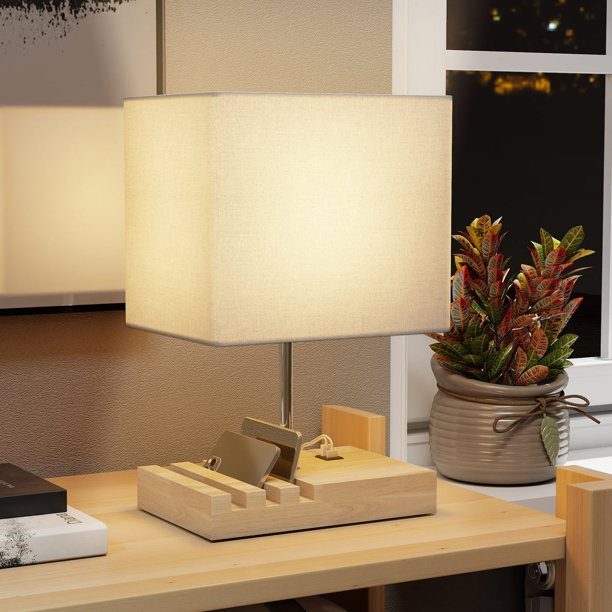 Bedside lamp, USB ports, wood, fabric, rocker switch, storage compartments, white (2)