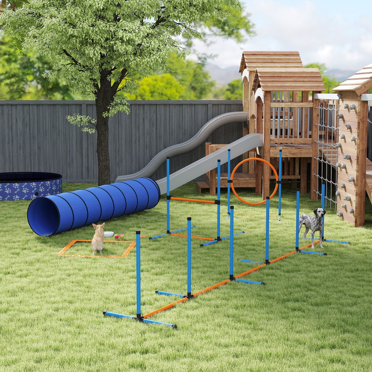 Dog agility training set, 8-piece set including tunnel, weave poles, adjustable hurdles, jump ring, bowl (2)