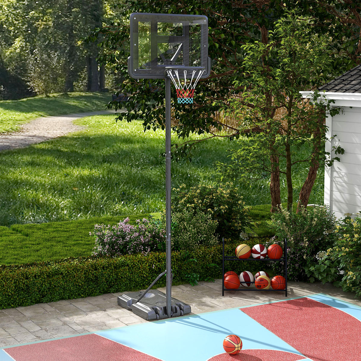 Basketball hoop, outdoor/indoor, height-adjustable, with wheels, fillable base, hoop height 2.30-3.05 m (2)