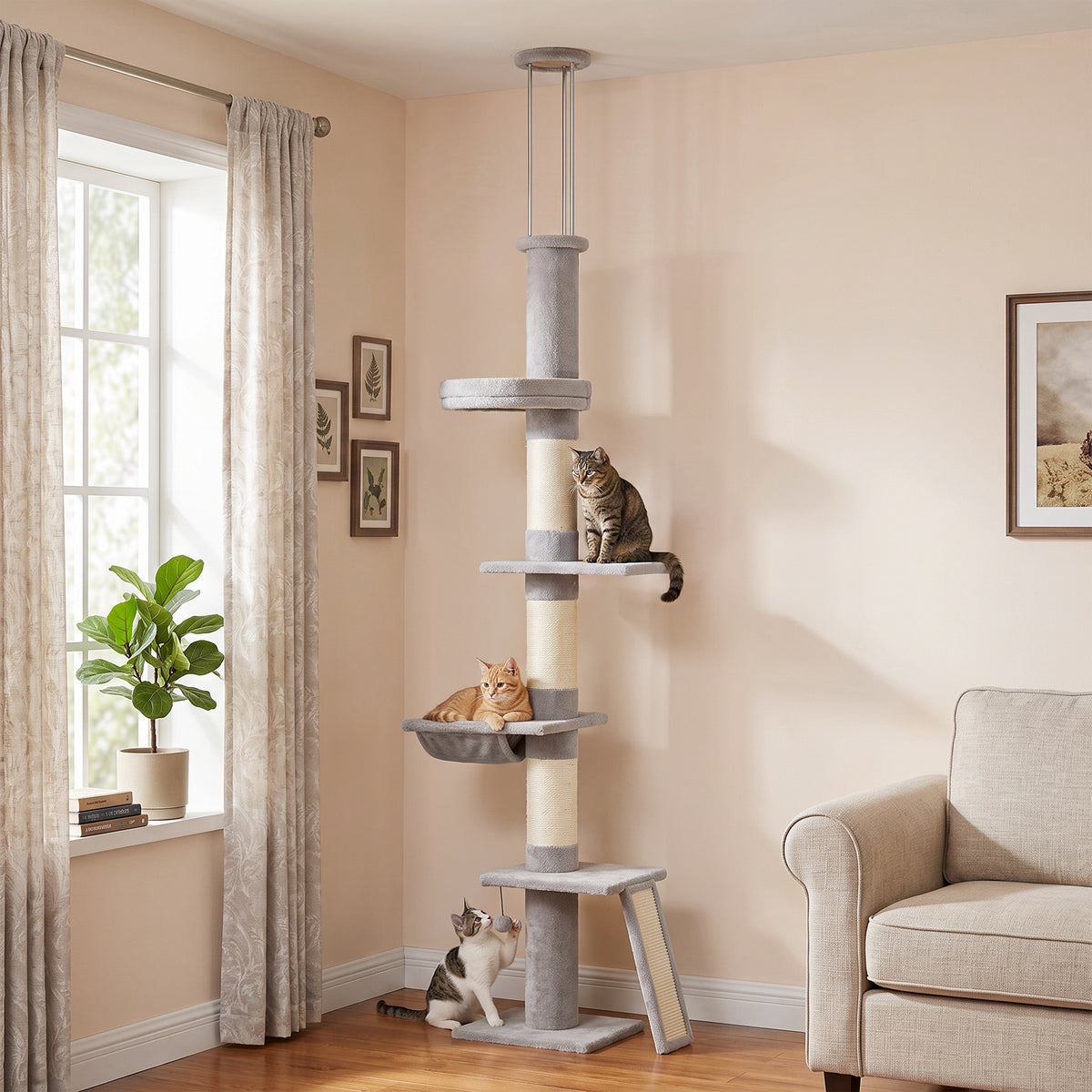 Floor-to-ceiling cat tree, adjustable height 230–260 cm, cat tree with 5 levels, 3 thick sisal scratching posts (2)