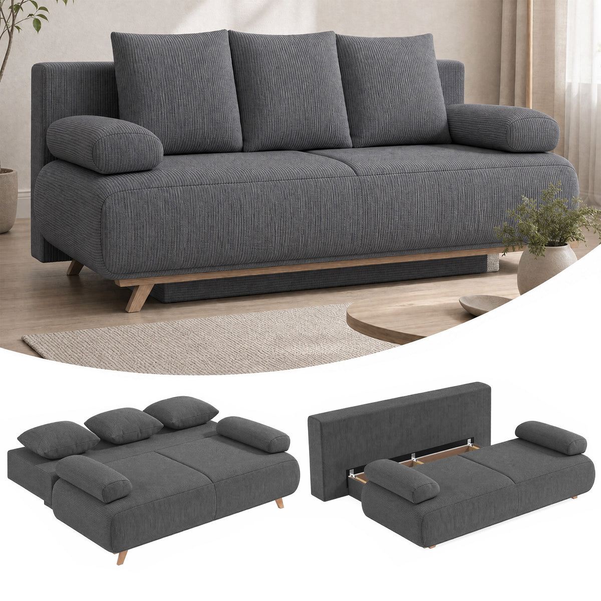 Sofa bed with adjustable backrest, bed function, hidden storage space and corduroy cover, grey (2)
