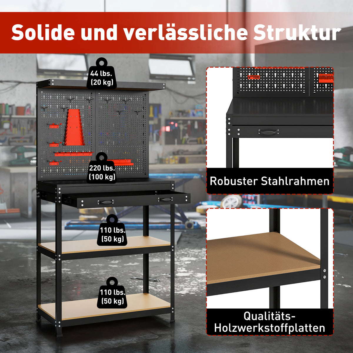 Workbench 80 x 40.5 x 155 cm tool bench with pegboard, hooks, drawer, 2 shelves for workshop black (6)