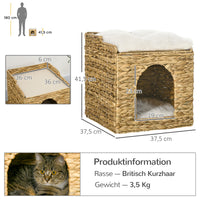 Cat cave made of water hyacinth grass, 2 lying areas, 2 washable cushions, natural + white (3)