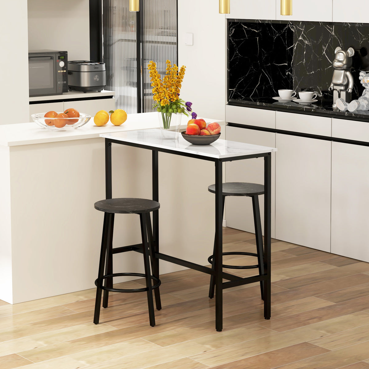 Bar set for 2 people, 1 table with 2 bar stools, tabletop in white marble look, steel frame (2)