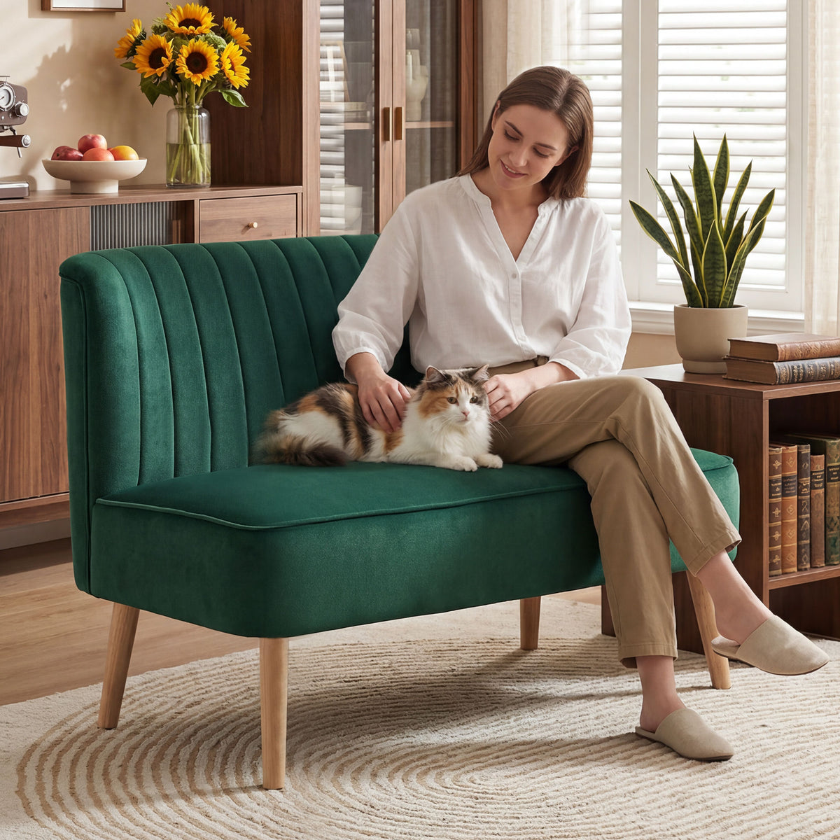 Retro-design sofa, 2-seater sofa, wooden legs, 117 cm x 56.5 cm x 77 cm, dark green (2)