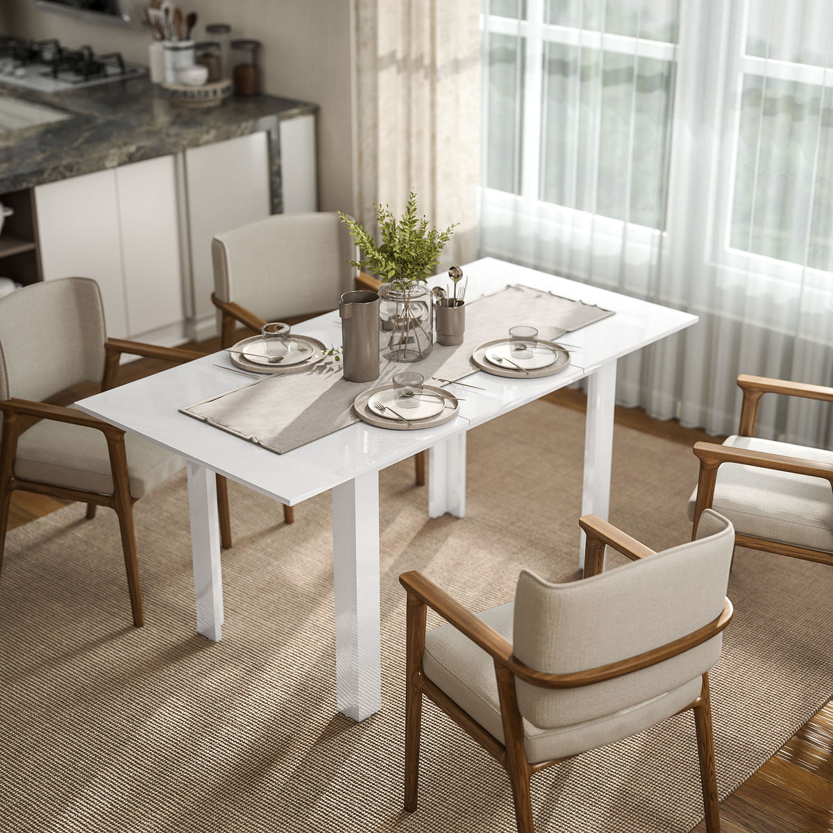Extendable dining table, 120-160 x 70 cm, adjustable kitchen table for 4-6 people, MDF, high-gloss white (2)