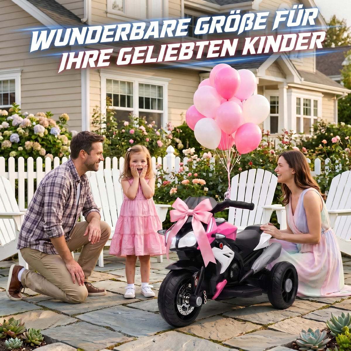 Electric children's motorcycle, lights & sounds, 3 km/h, rechargeable, plastic & metal, pink/white (7)