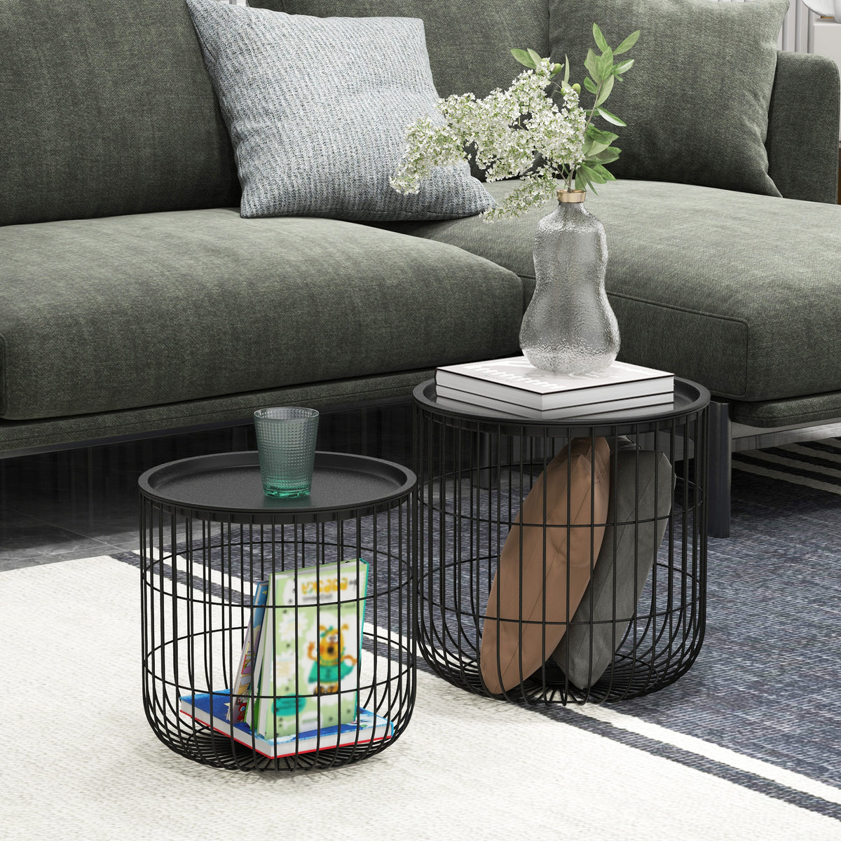 Set of 2 side tables in Scandi design, with storage space, stackable, black (2)