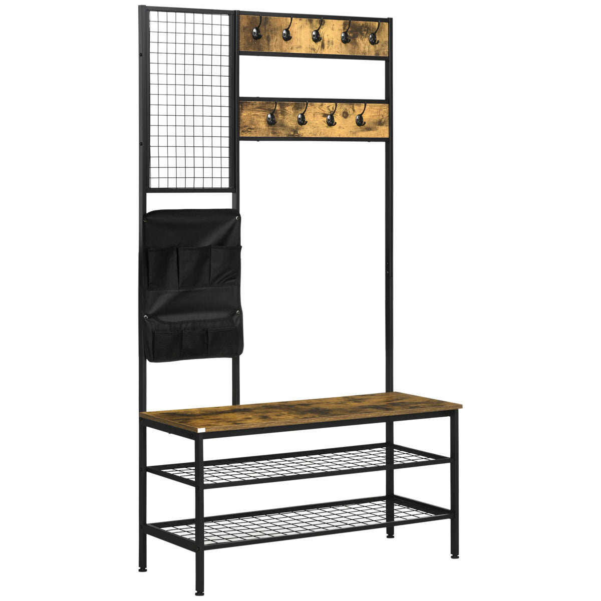 Coat rack in industrial design, 1 memo board, 1 shoe bench, 8 coat hooks, 1 storage bag, black + brown