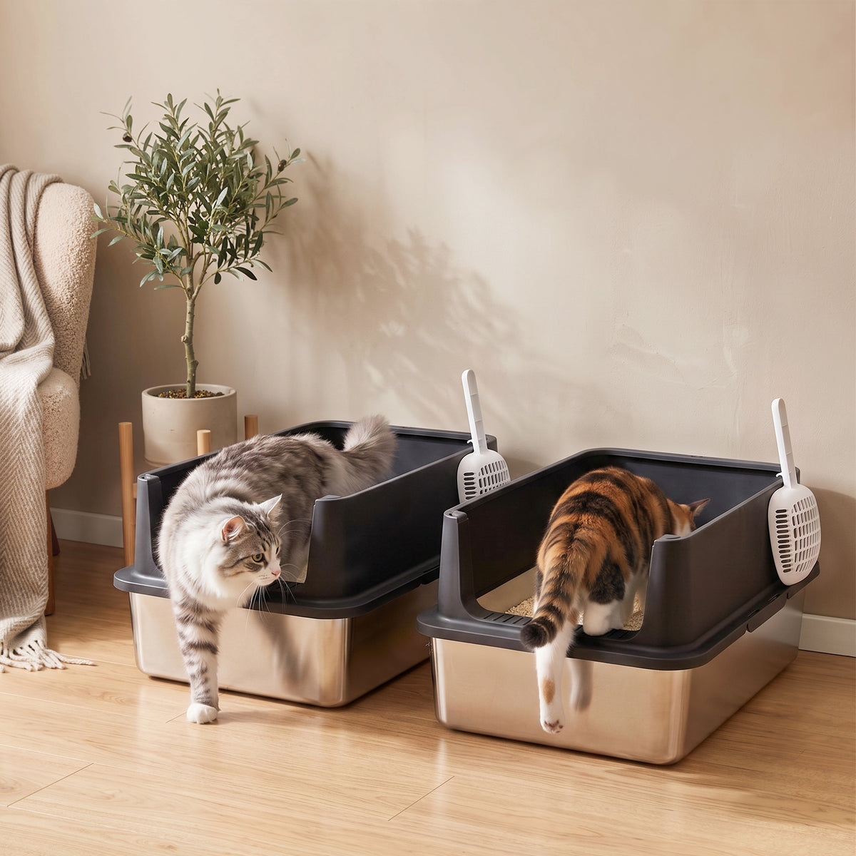 2-piece XL stainless steel litter box set with high rim and lid, 60x40x30cm, semi-open, with 2 scoops, for large (2)