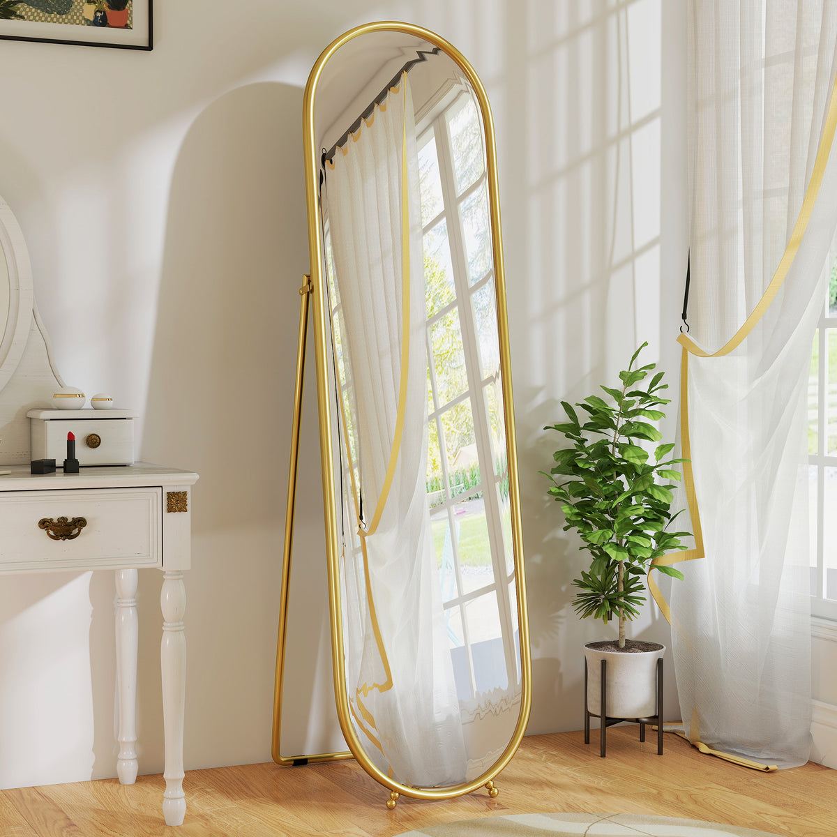 Full-length mirror, oval shape, freestanding, metal frame, 50x180cm, gold (2)