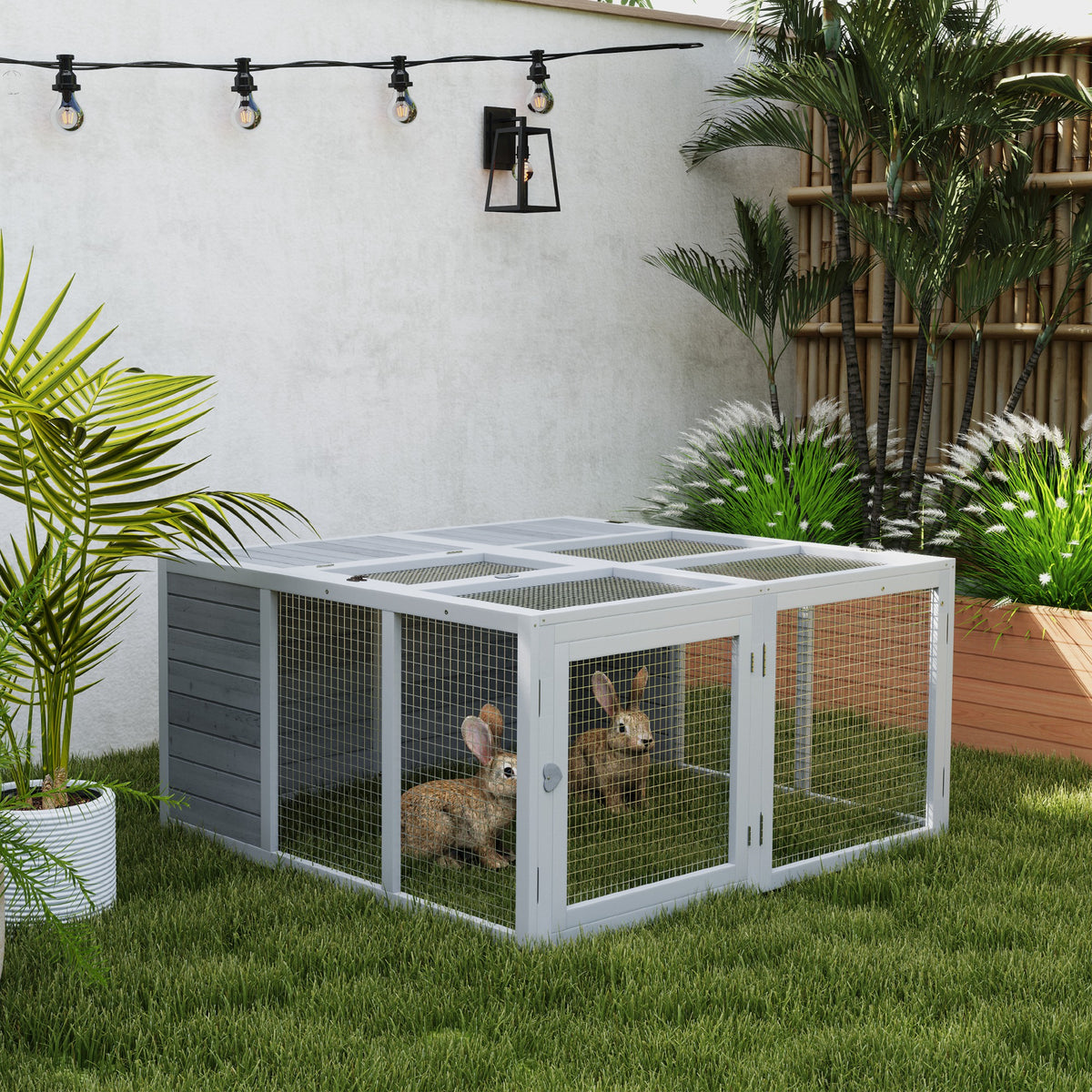 Small animal enclosure, rabbit hutch, wooden construction, foldable, for indoor and outdoor use, light gray (2)
