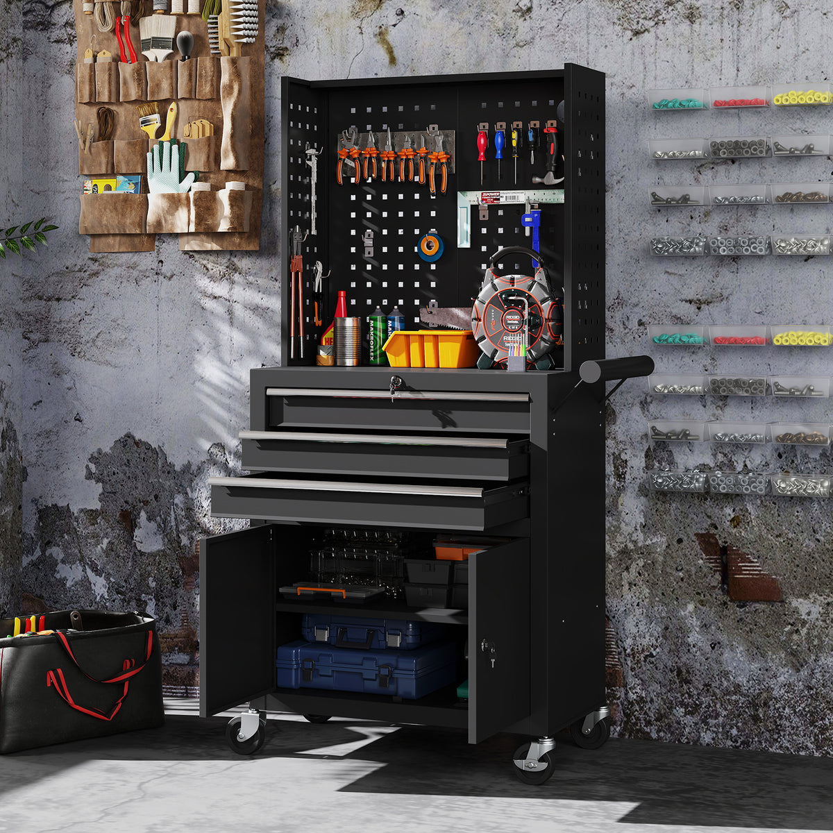 Tool cabinet tool chest on wheels with pegboard, 3 drawers for garage and workshop, black (2)